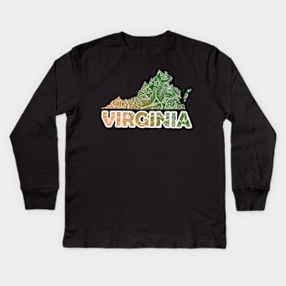 Colorful mandala art map of Virginia with text in green and orange Kids Long Sleeve T-Shirt